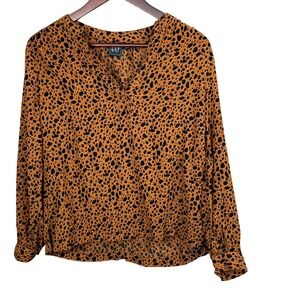 GAP Leopard Print Blouse Women's Medium Orange Black Popover V-Neck Long Sleeve‎